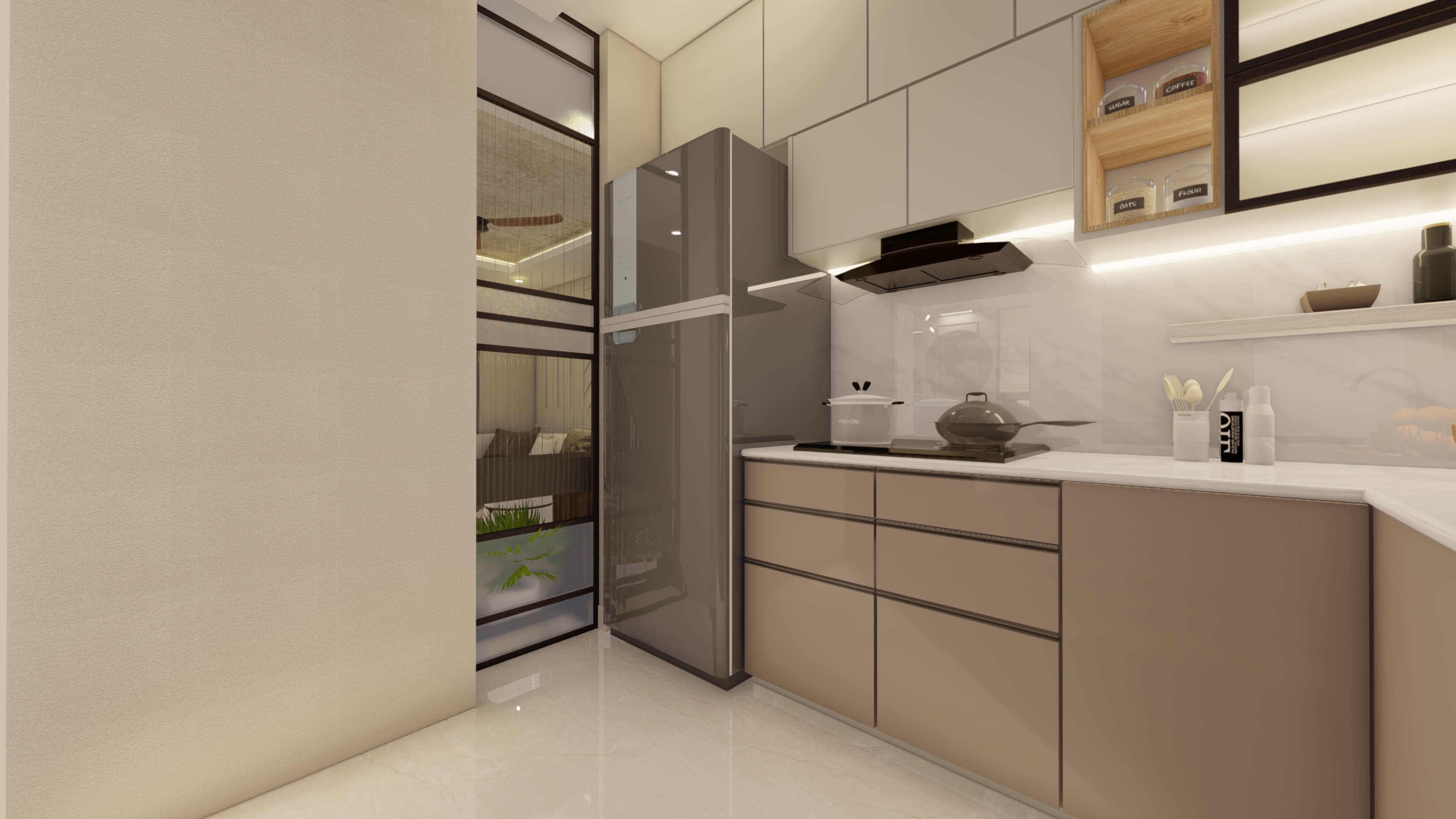 Modern compact kitchen with refrigerator